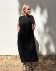Yugen Tuck-Shoulder Black Linen Stripe Dress