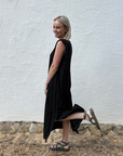 Yugen Tuck-Shoulder Black Linen Stripe Dress