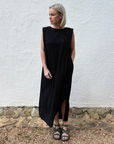 Yugen Tuck-Shoulder Black Linen Stripe Dress