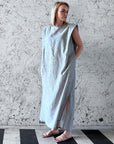 Yugen Tuck-Shoulder White Linen Stripe Dress