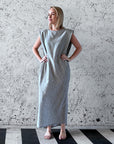 Yugen Tuck-Shoulder White Linen Stripe Dress