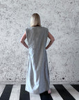 Yugen Tuck-Shoulder White Linen Stripe Dress